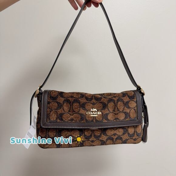 NWT Coach Etta Small Flap Shoulder Bag in Signature Chenille CCV65 Gold - Picture 1 of 7